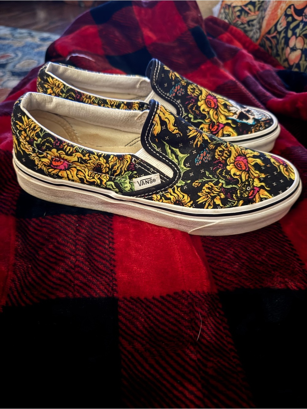 Vans Black Slip-On Sneakers with Yellow Floral & Skull Print - Picture 2 of 7